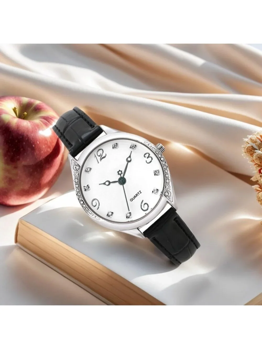 Women's Silver Analog Quartz Leather Band Crystal Rhinestone Bezel Wrist Watch